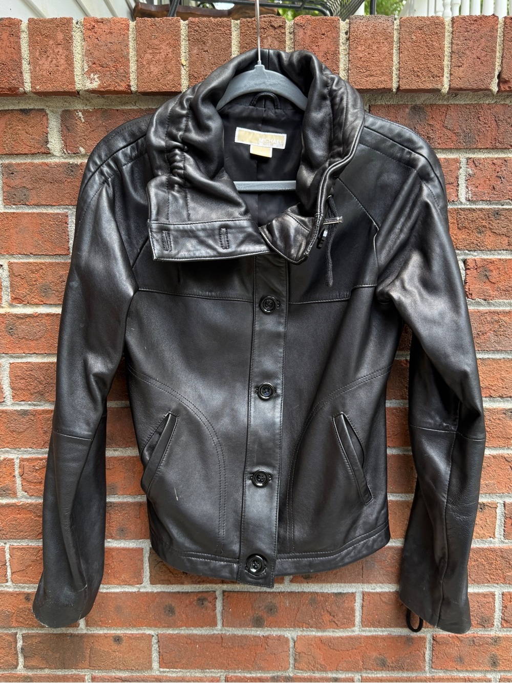 Michael Kors Black Real Leather Funnel Neck Biker Jacket Size 6 Small Medium